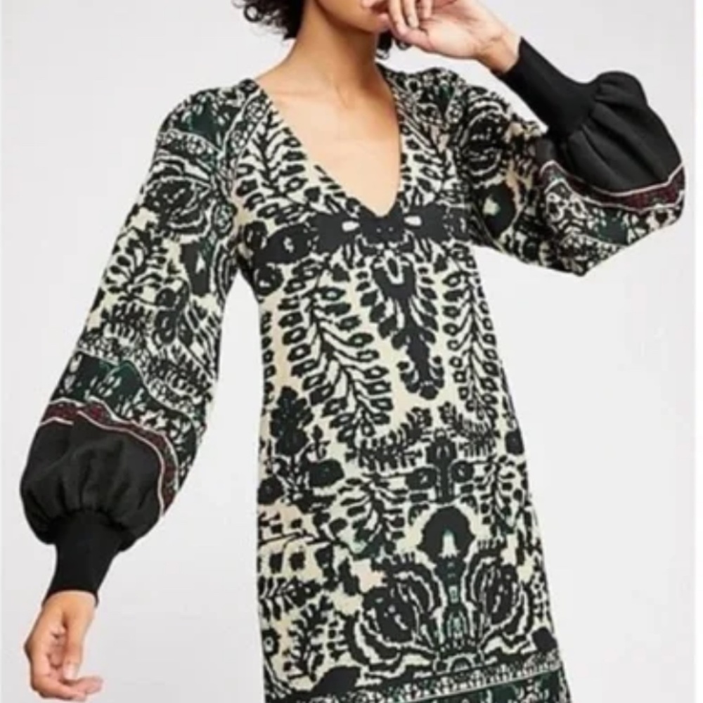 Free People Black and Cream Printed Mini Dress